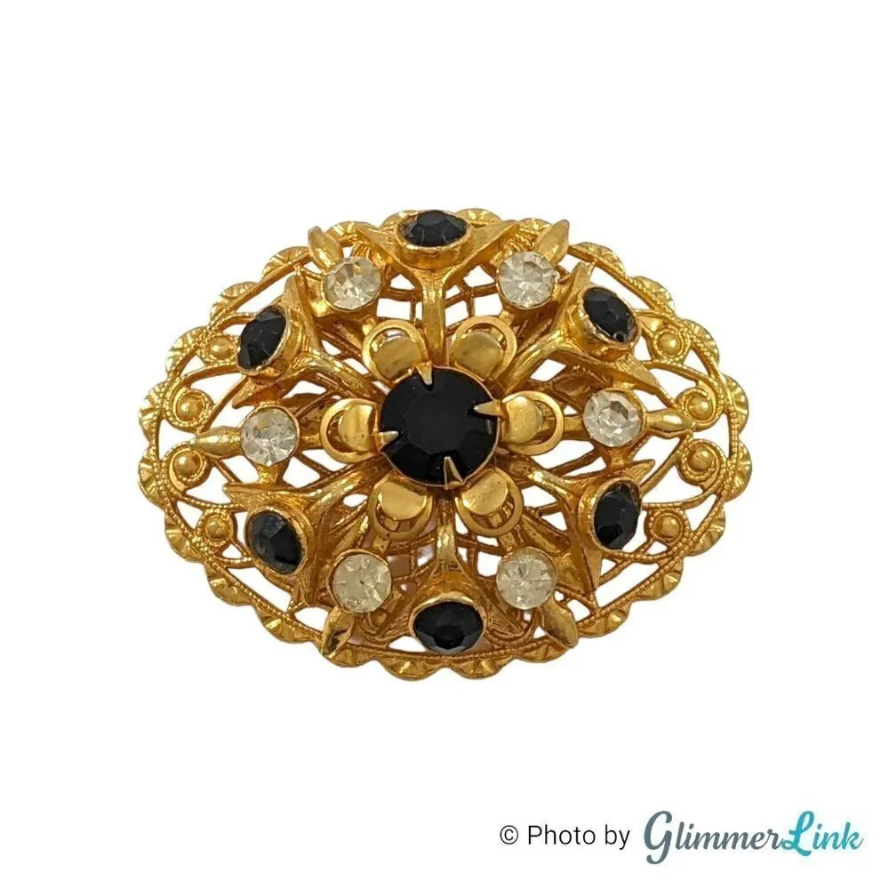 Vintage Oval Ornate Filigree Black Rhinestone Gold Tone Brooch Pin